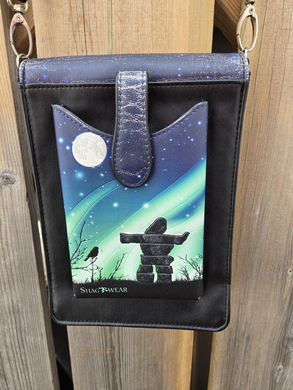 Inukshuk Crossbody Phone Bag with Northern Lights Design